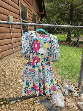 Umgee Floral Puff-Sleeve Dress - Teal, Pink, Yellow